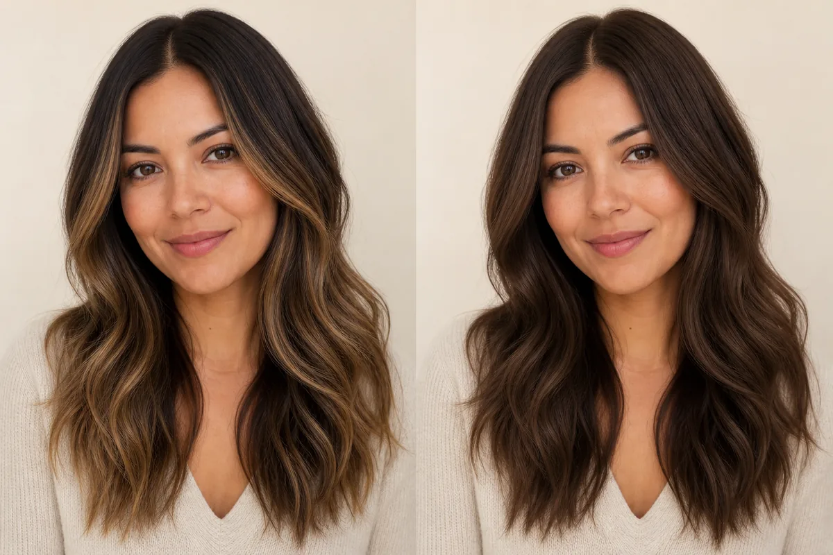 AI comparison of dimensional balayage and even full brunette color on the same person