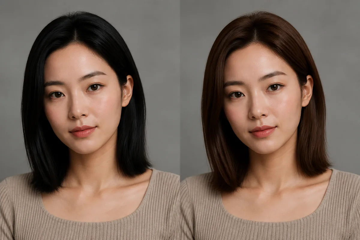 AI comparison of soft black and rich brunette hair on the same person