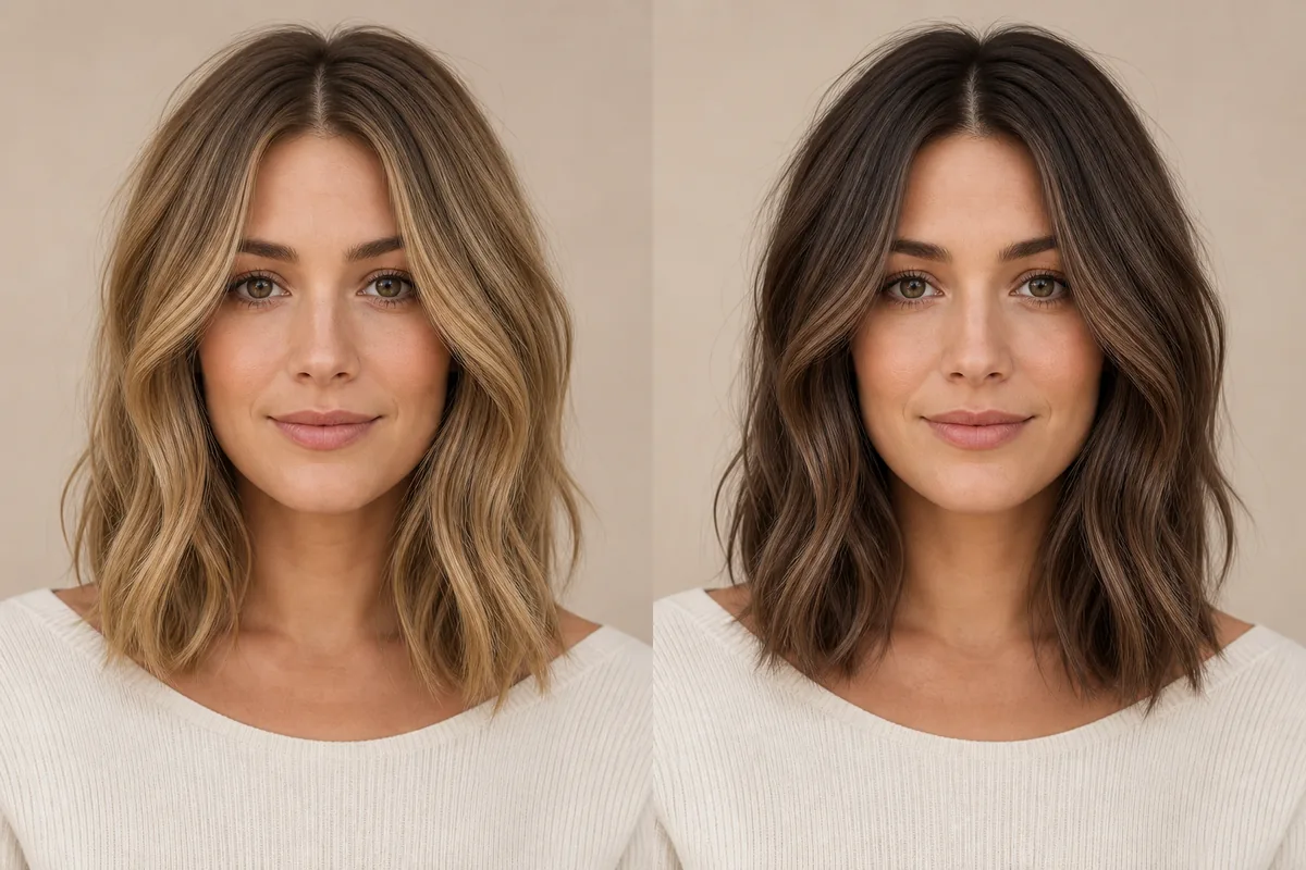 AI comparison of warm blonde and neutral brunette hair on the same person