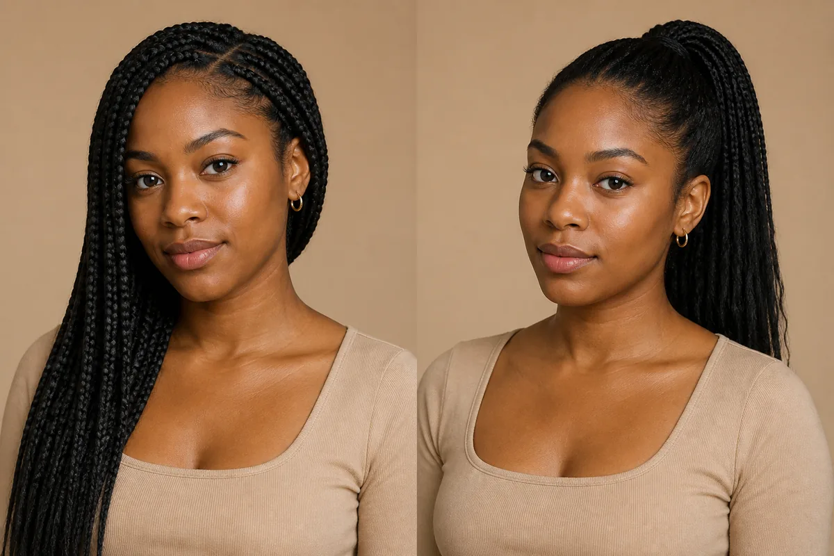 AI comparison of long braids and a gathered braided ponytail on the same person