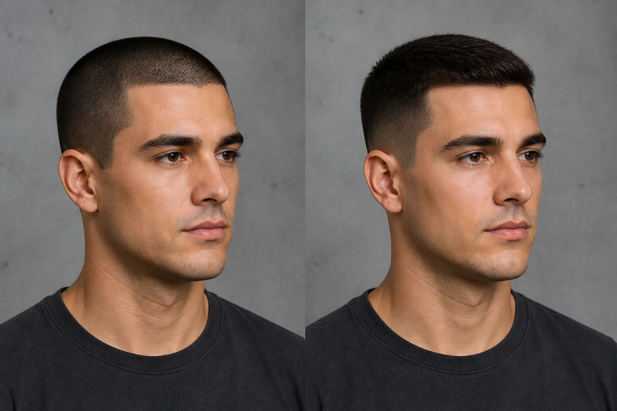 AI comparison of an even buzz cut and longer crew cut on the same person