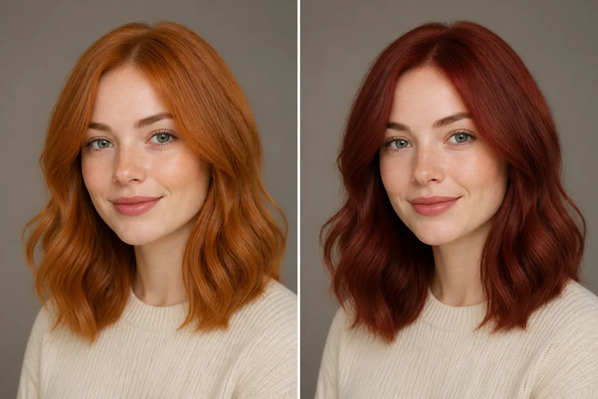AI comparison of bright copper and deeper red hair on the same person