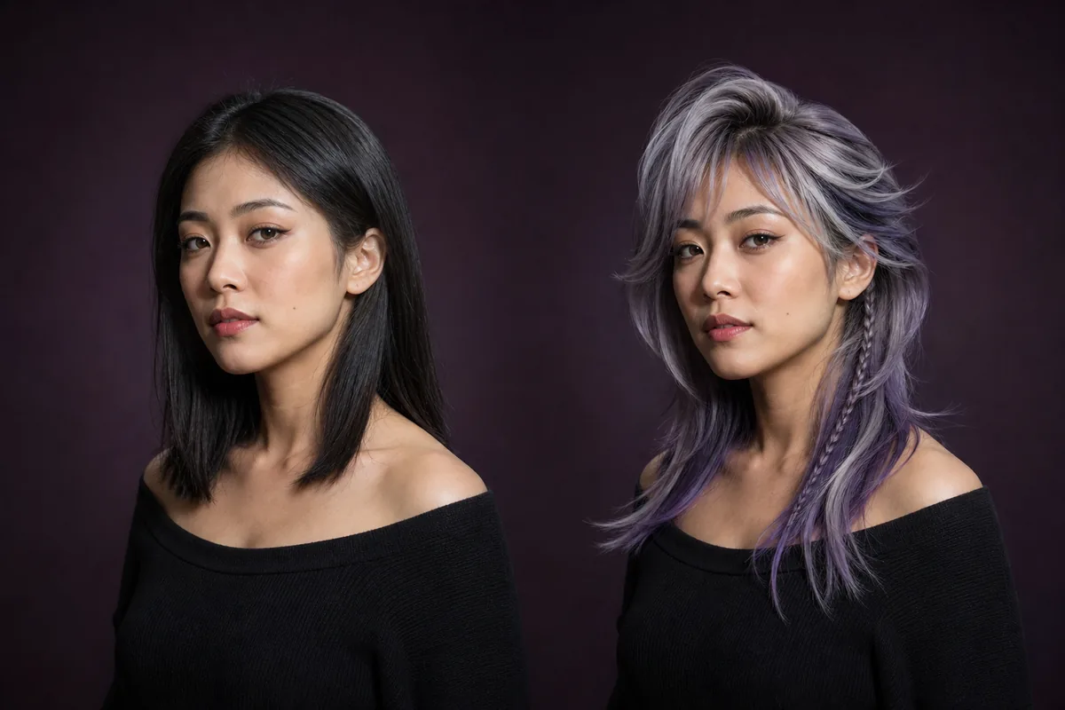 AI cosplay hairstyle preview with an original silver and violet layered design