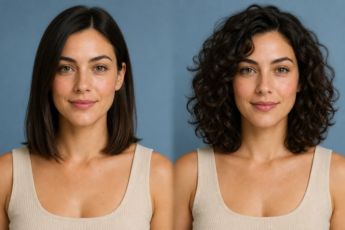 AI curly hair preview comparing straight shoulder-length hair with defined curls