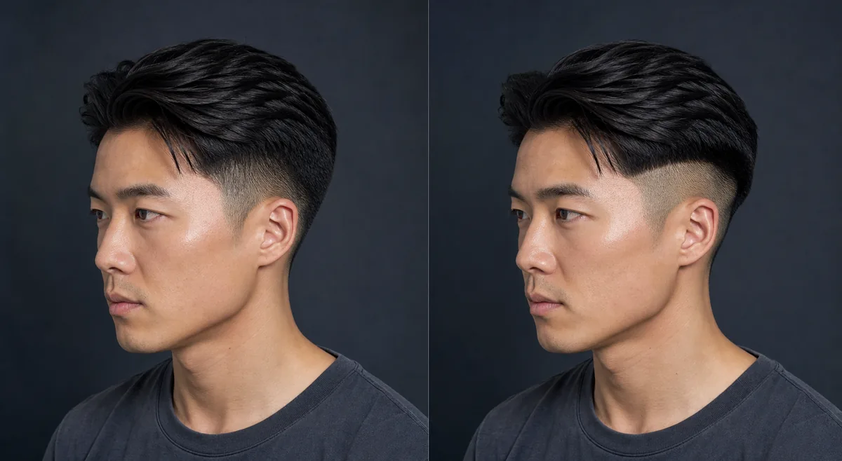 AI side comparison of a blended fade and disconnected undercut on the same person