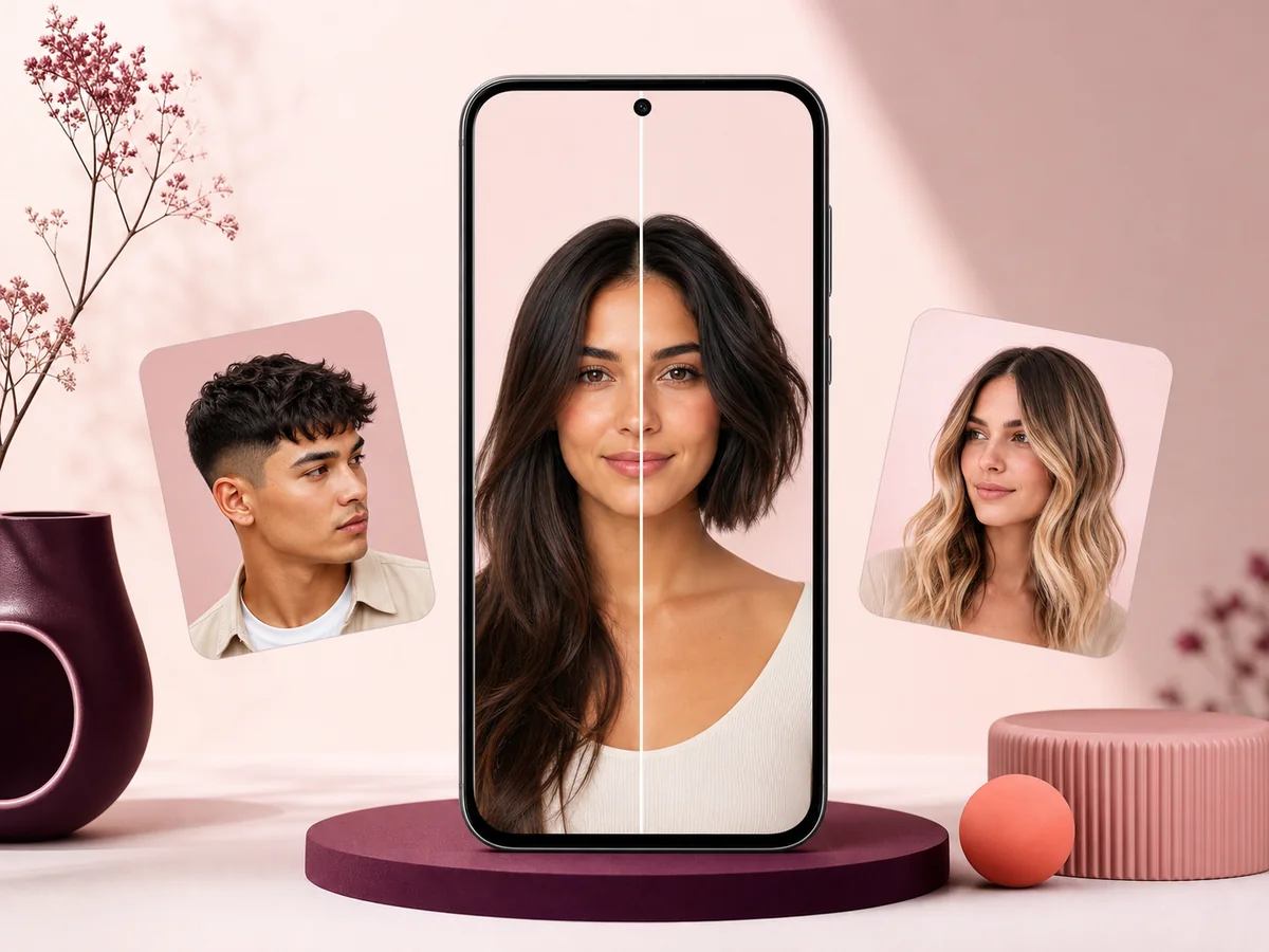 AI haircut simulator showing a before portrait and a shorter haircut preview