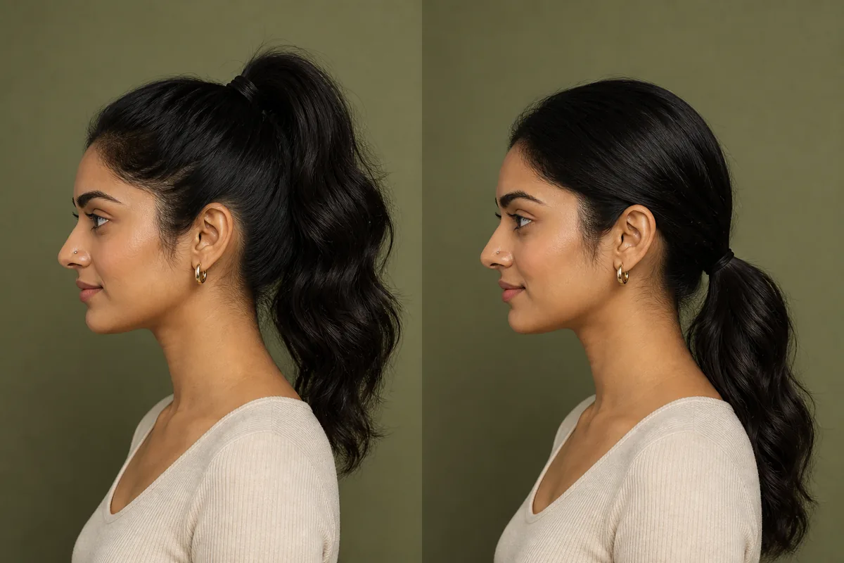 AI side-profile comparison of a high ponytail and low ponytail on the same person