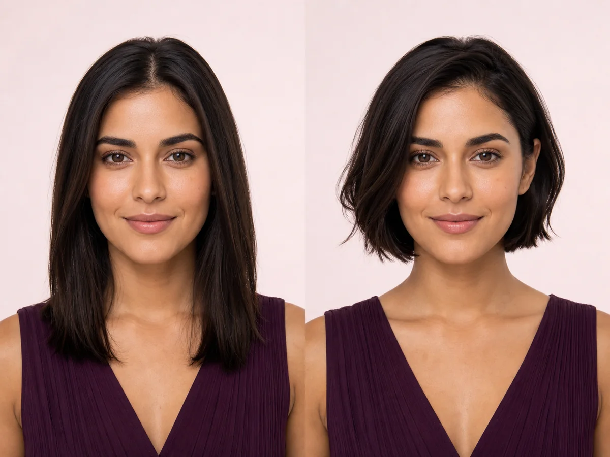 Before and after AI hairstyle preview showing the same person with long hair and a modern bob