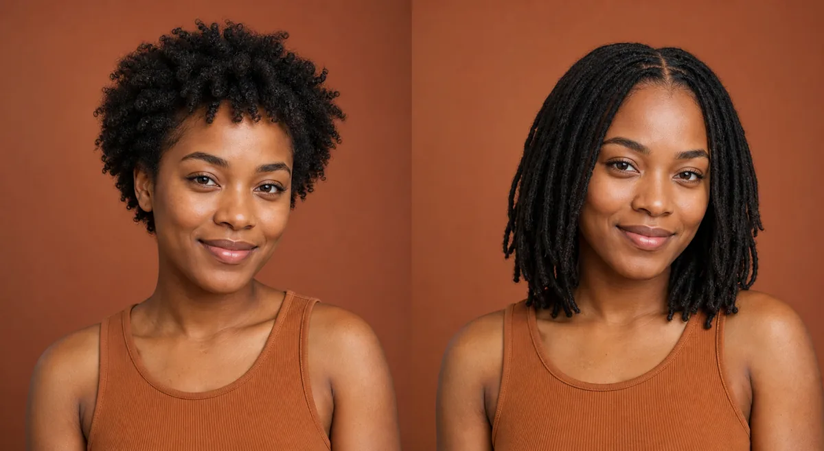 AI locs hairstyle preview comparing a short natural style with shoulder-length locs