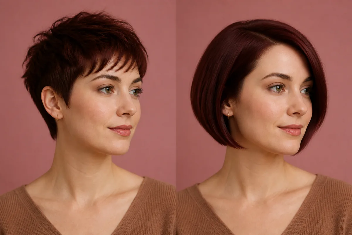 AI comparison of a textured pixie cut and chin-length bob on the same person
