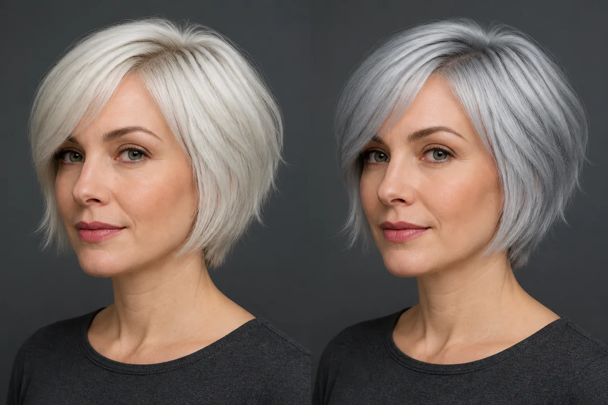 AI comparison of platinum blonde and cool silver hair on the same person