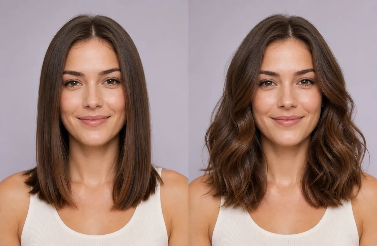 AI comparison of straight hair and loose wavy hair at the same length