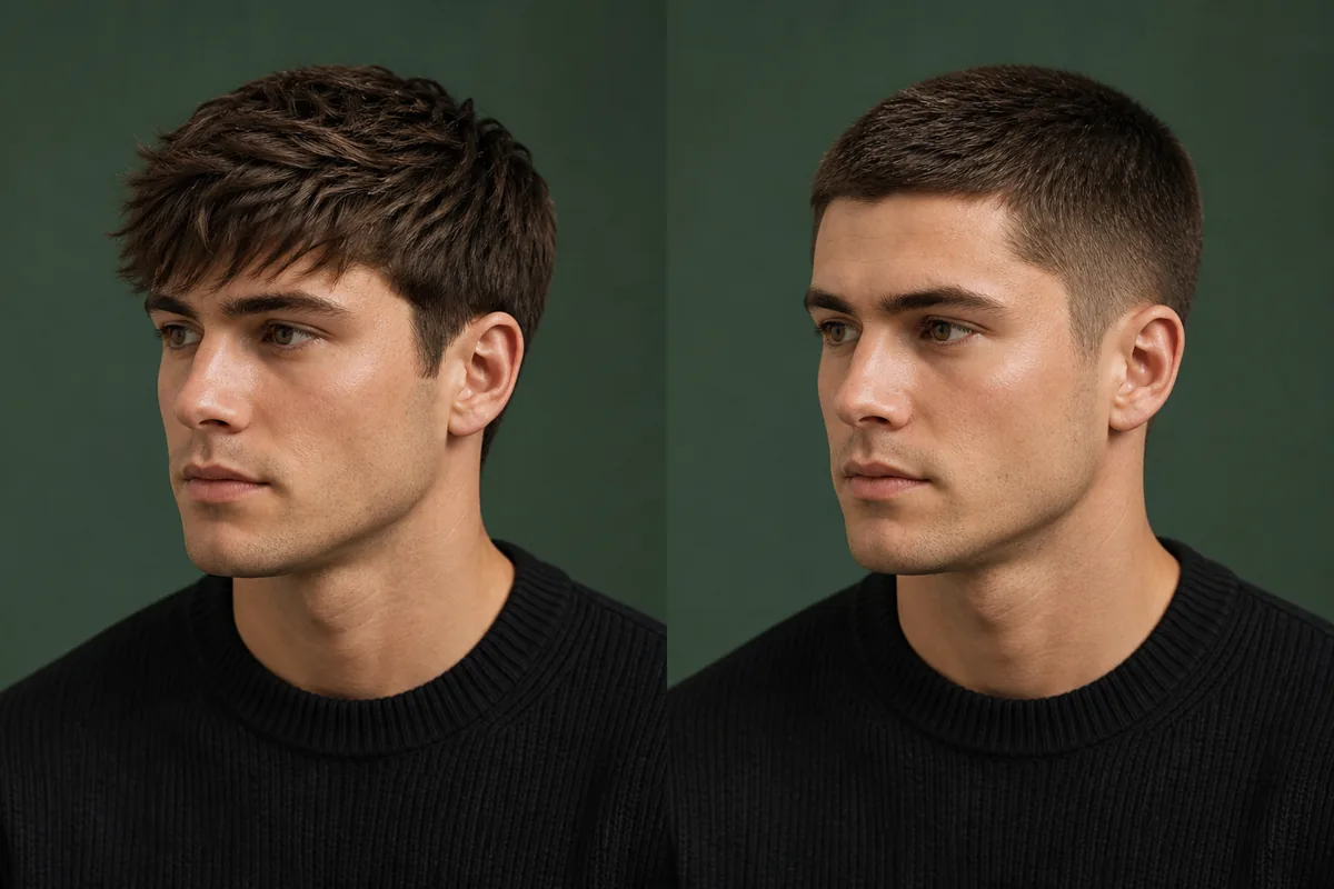 AI comparison of a forward textured crop and neat crew cut on the same person