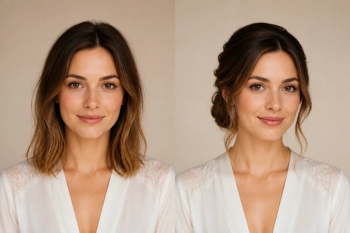 AI wedding hairstyle preview comparing loose hair with a soft bridal low updo