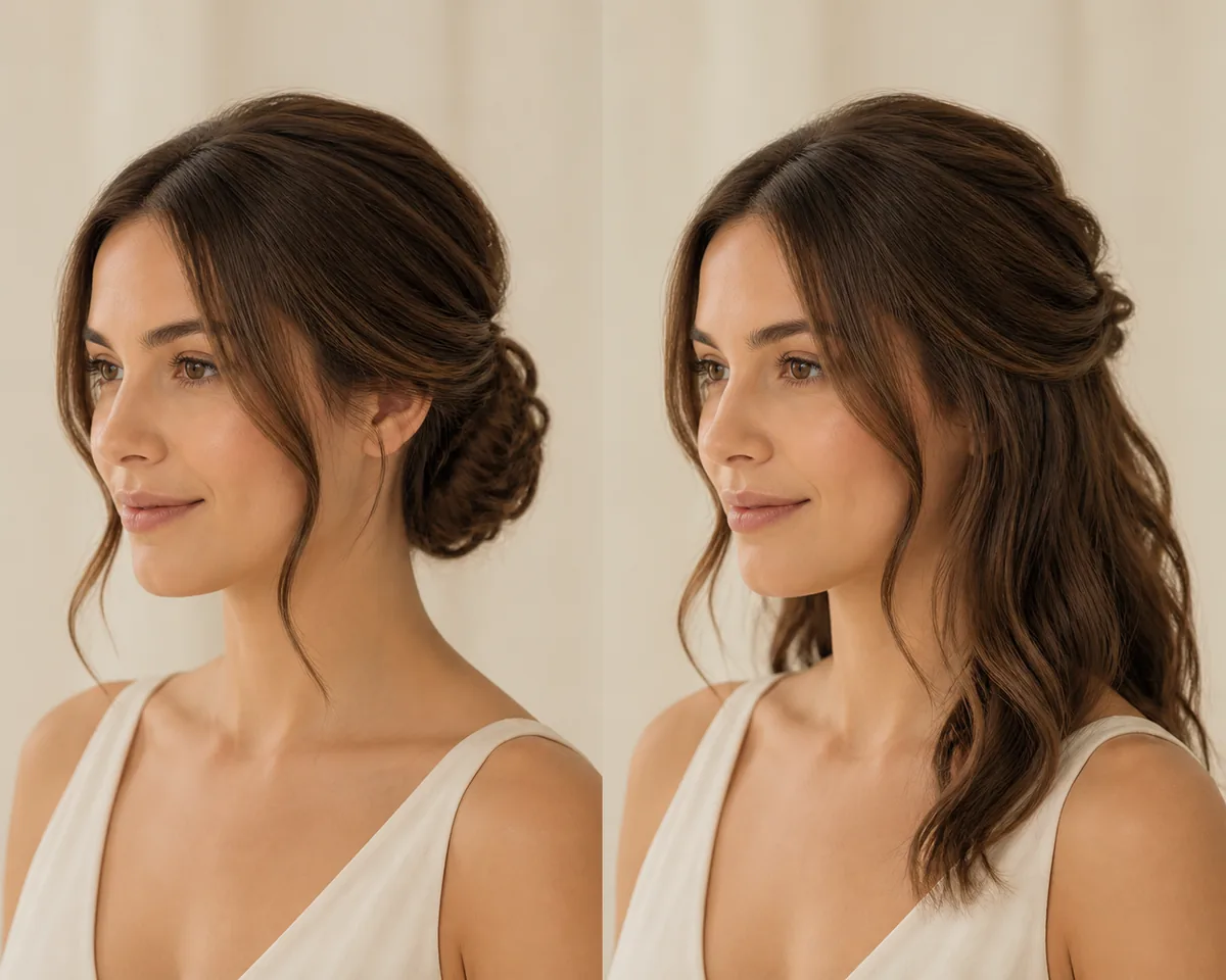 AI comparison of a low wedding updo and half-up bridal hairstyle on the same person